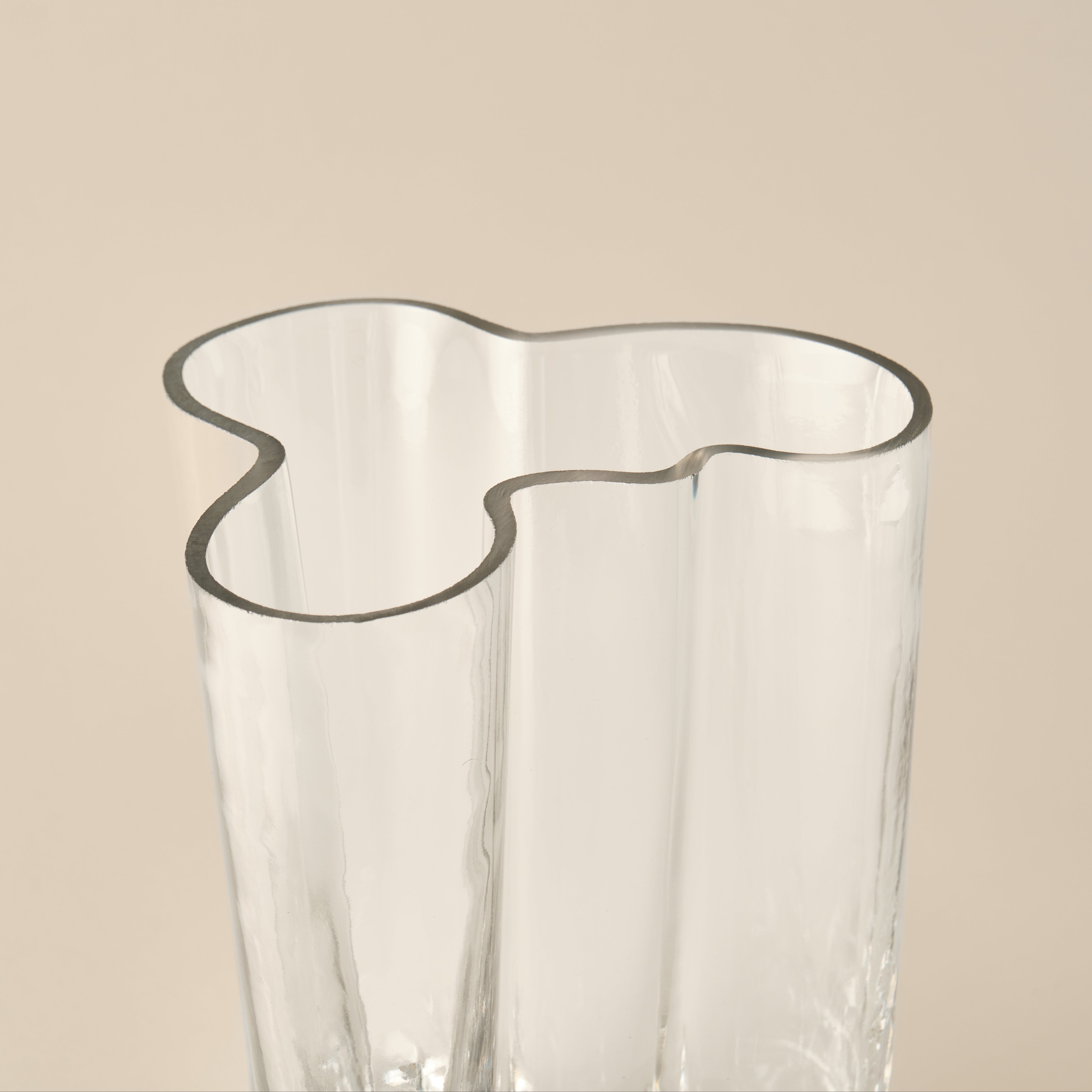 Nahaufnahme der Glasvase Organic mit ihrer einzigartigen organischen Form und klaren Linien, die zeitlose Eleganz und modernes Design vereint.